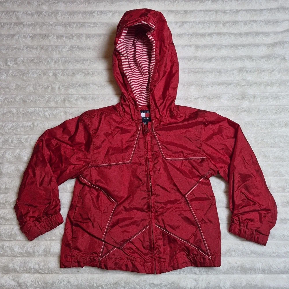 Tommy Hilfiger Toddler Red Star Windbreaker Hooded Jacket Striped Lining 3T